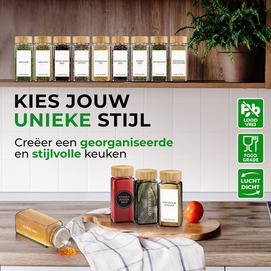 Soothe 24 pots à épices carrés en verre avec couvercle en bambou - 2 types de couvercles à saupoudrer - Spice Spreader - pots à épices - Set complet avec stickers à épices, stick à craie et accessoires - 120ml