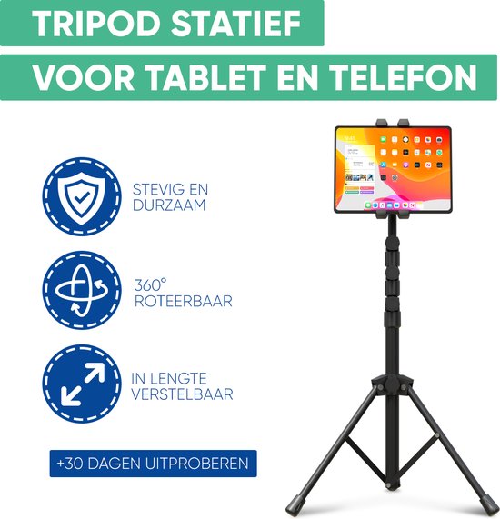 Serve Tablet Stand - Tripod Holder Tripod for Smartphone & Tablet - Incl. Carrying Bag & Bluetooth Remote - iPad Tablet Holder Lectern Aluminium - Black