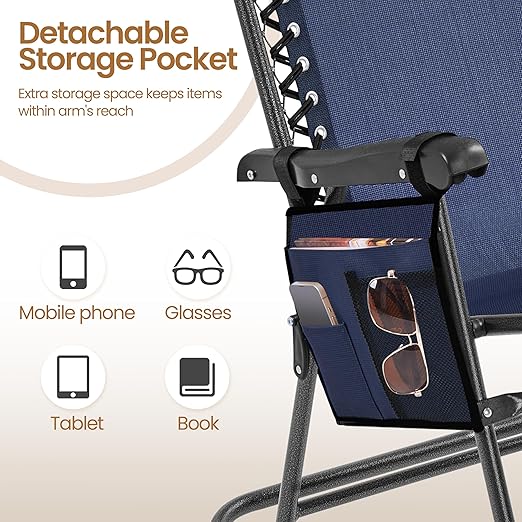 Fauteuil à bascule pliable d'extérieur Yaheetech - Bleu foncé - Fauteuil de détente avec oreiller et porte-gobelet