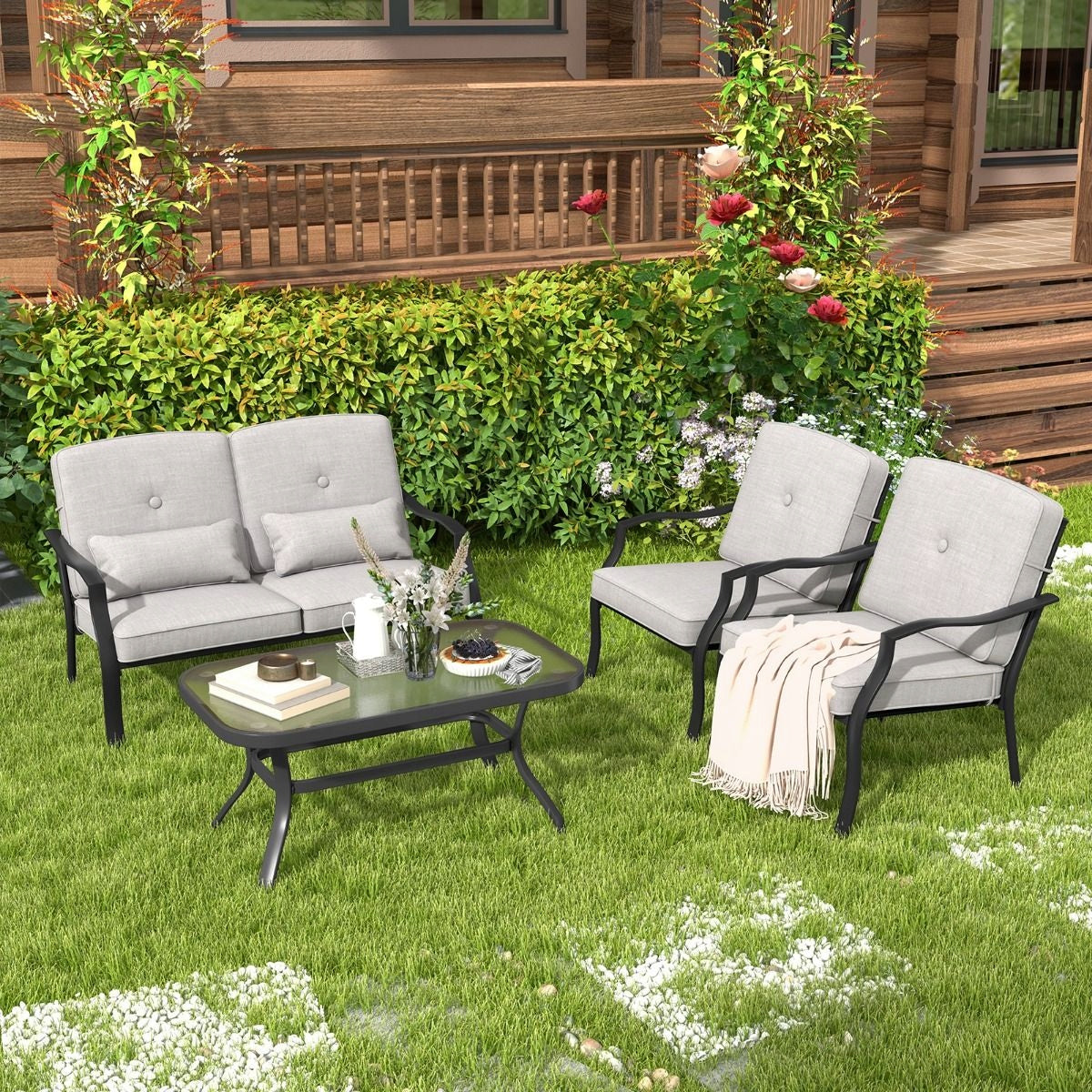 Ensemble de mobilier de jardin Coast, 4 pièces - Canapé, table et 2 fauteuils - Gris