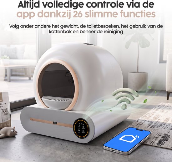 Bac à litière automatique Infinity Goods XXL - Bac à litière autonettoyant - Avec application - 75 L - Avec tapis de bac à litière et 3 rouleaux de sachets de rangement - Blanc/Or rose