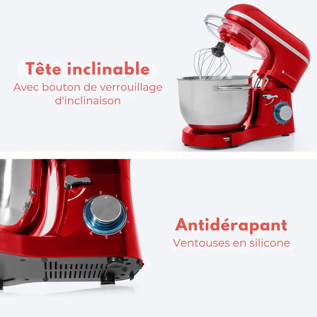 Robot de cuisine - KitchenBrothers - Mixeur de cuisine avec bol de 6L - Acier inoxydable - 1400W - Rouge