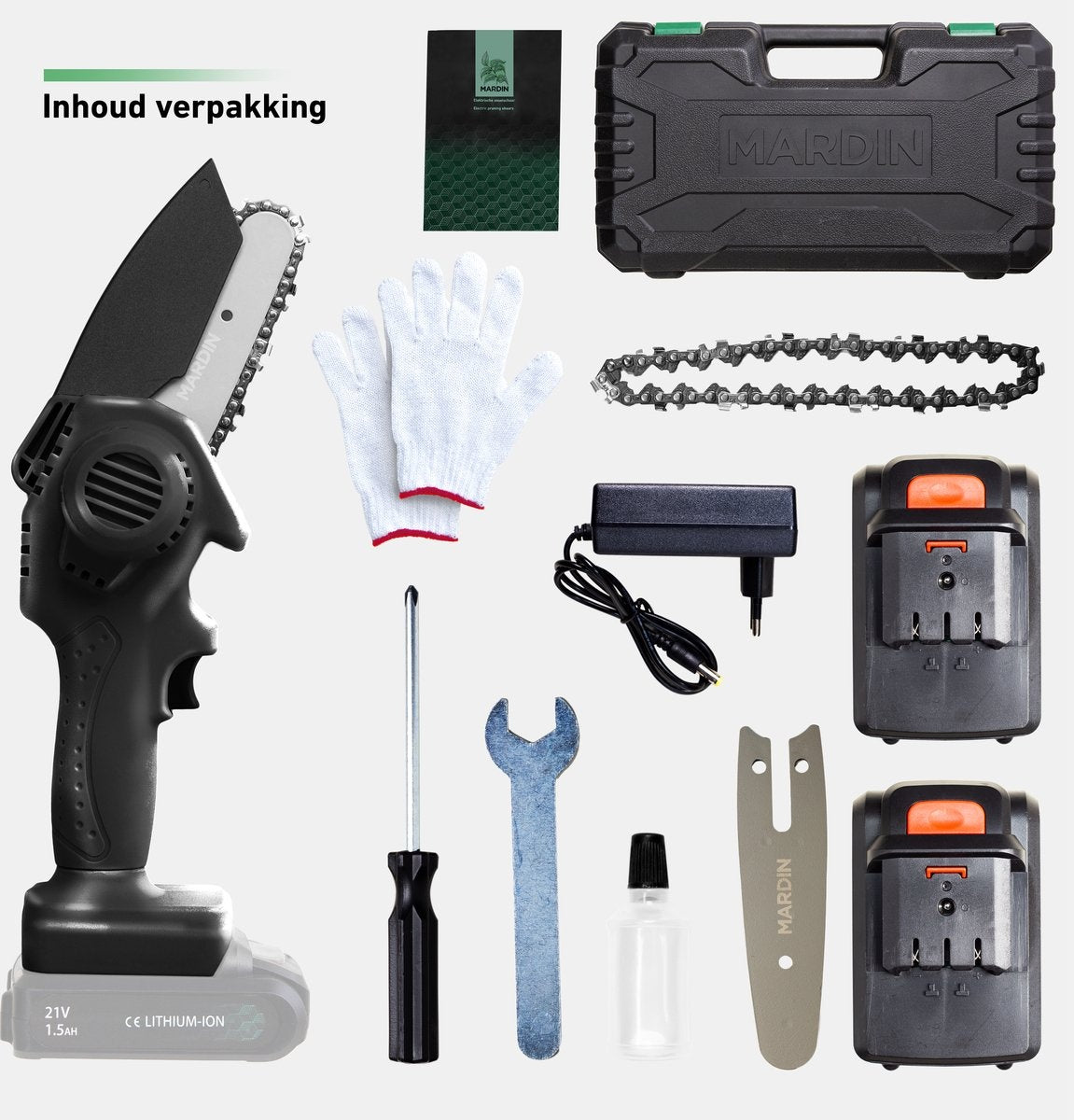 Mardin - Mini tronçonneuse - Scie d'élagage - 2 Batteries - Mallette incluse - Noir