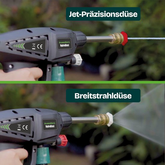 Pistolet de lavage auto Hammersmith HydroBlast 2-en-1 - Nettoyeur haute pression sans fil avec batterie rechargeable pour le nettoyage du jardin, des véhicules et des surfaces extérieures - Nettoyeur puissant