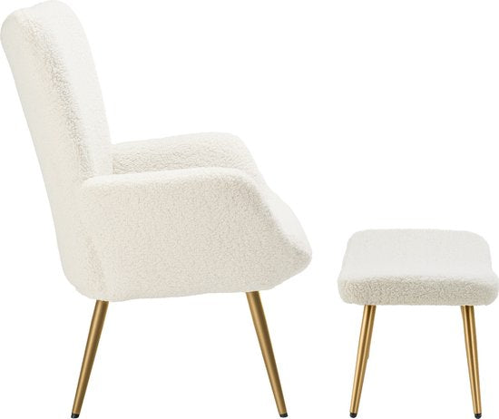 tectake® Fauteuil de style scandinave - Avec pouf - Teddy chair Hygge - Chaise pour le salon, la chambre - Chaise longue - Pieds en métal doré - Capacité jusqu'à 150 kg - Crème