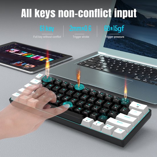 HXSJ V900 - Clavier de jeu filaire - mécanique - RVB - commutateur bleu - 61 touches - claviers QWERTY - noir blanc