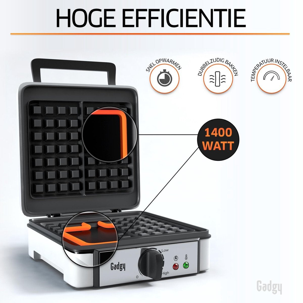 Gaufrier pour 2 gaufres de Bruxelles - Revêtement antiadhésif - Température réglable - Voyant lumineux - 1400W