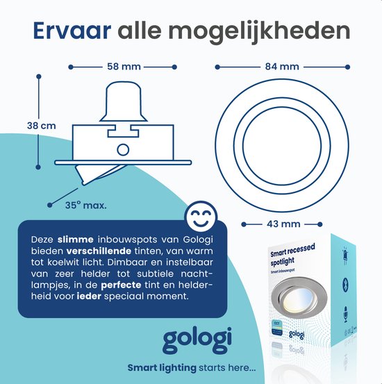 Gologi Smart Recessed Spotlights - Smart LED Downlight Dimmable - Tiltable - Warm White Light - Gu10 LED Lamp - White