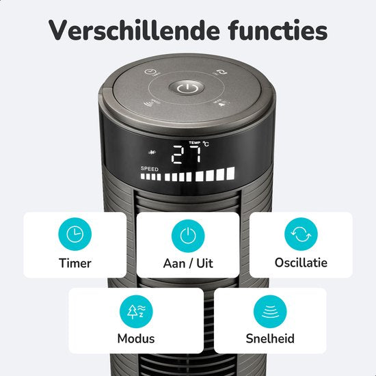 Ventilateur de tour Bloomfold - 38 pouces - Gris - Télécommande - Mode veille - Minuterie 12 heures - Affichage LED complet