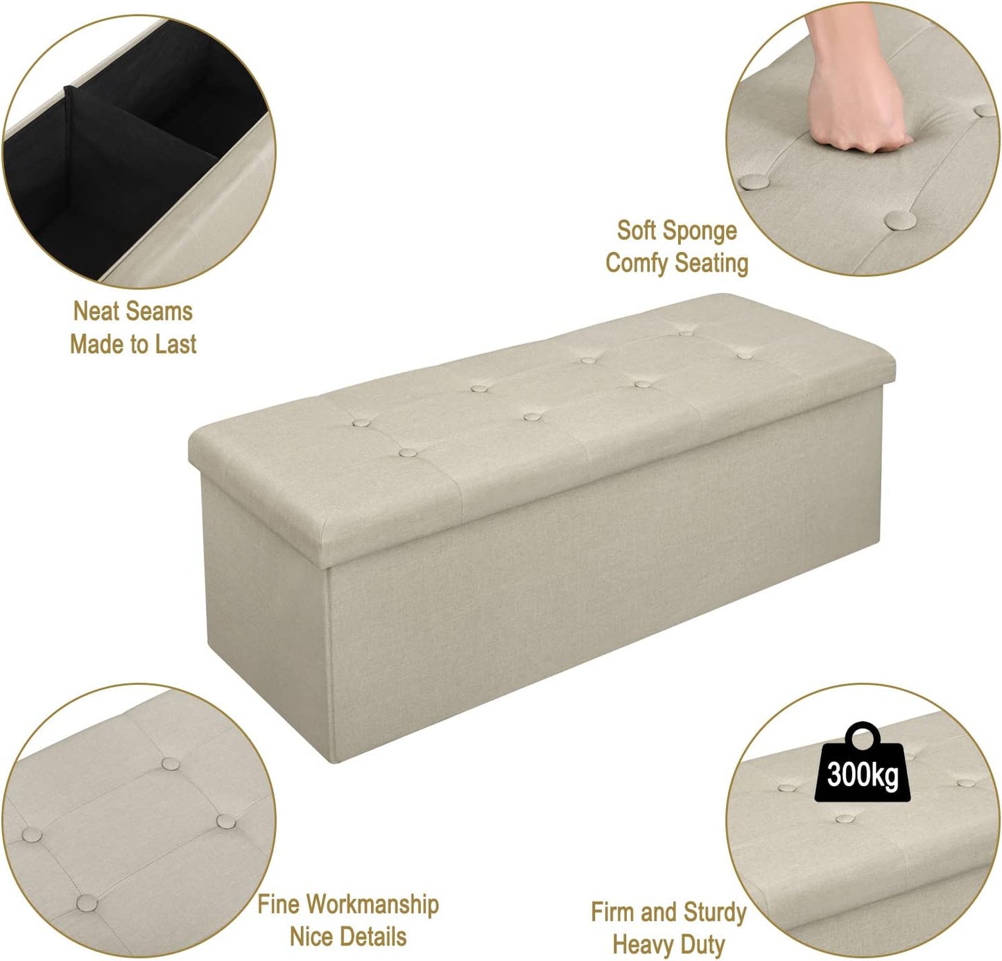 Banc de rangement pliable Woltu avec espace de rangement - 118 litres - 110 x 37,5 x 38 cm - Lin blanc crème - Capacité de charge maximale : 300 kg