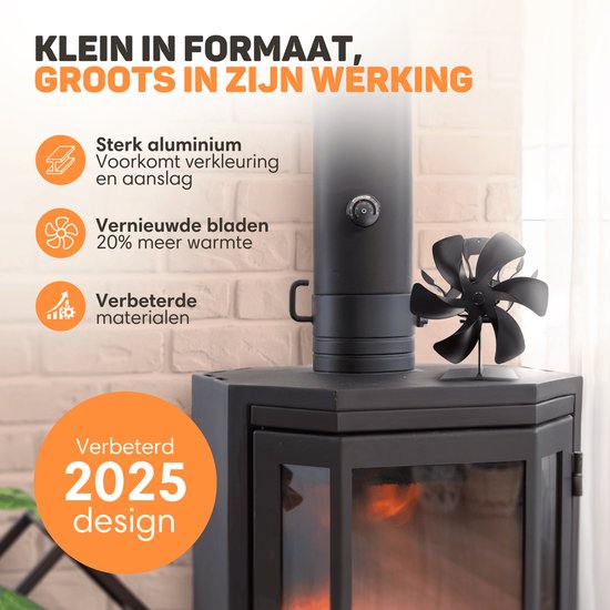 Vulpes Goods® Tech - Ventilateur de poêle à bois - Ventilateur de cheminée - Ecofan - Ventilateur de chaleur - 6 pales - Thermomètre, chiffon et gant inclus - version PRO