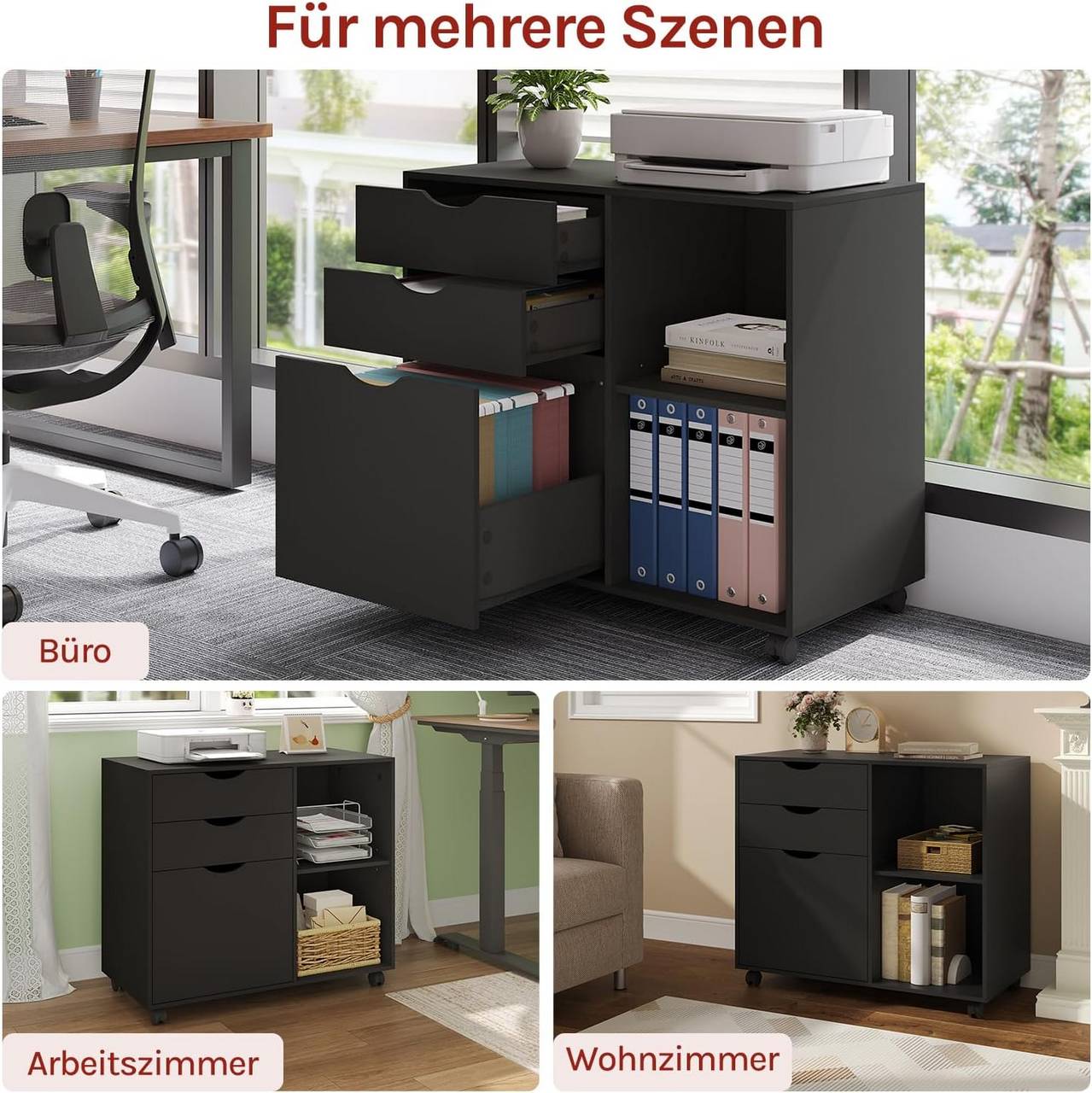 Armoire à dossiers Woltu - Sur roulettes - 3 tiroirs - 80 x 70 x 40 cm - Noir