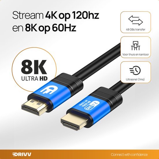 Câble HDMI Drivv. Premium 2.1 - Ultra HD haute vitesse 8K - HDMI vers HDMI - Compatible avec les consoles de jeux - 10 mètres - Bleu