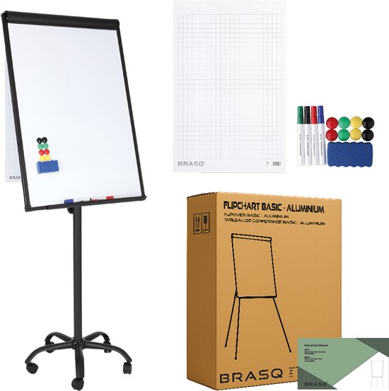 BRASQ Flipchart Mobile - 70x100 cm - Tableau blanc ajustable - Comprend 25 feuilles de papier, 4 marqueurs, 8 aimants, une gomme - Flipchart avec trombone et crochets - Tableau magnétique - Tableau magnétique - Noir