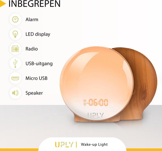 UPLY Wake Up Light - Avec point de chargement USB - Réveil lumineux - Réveil radio - 2 heures d'alarme - 7 couleurs