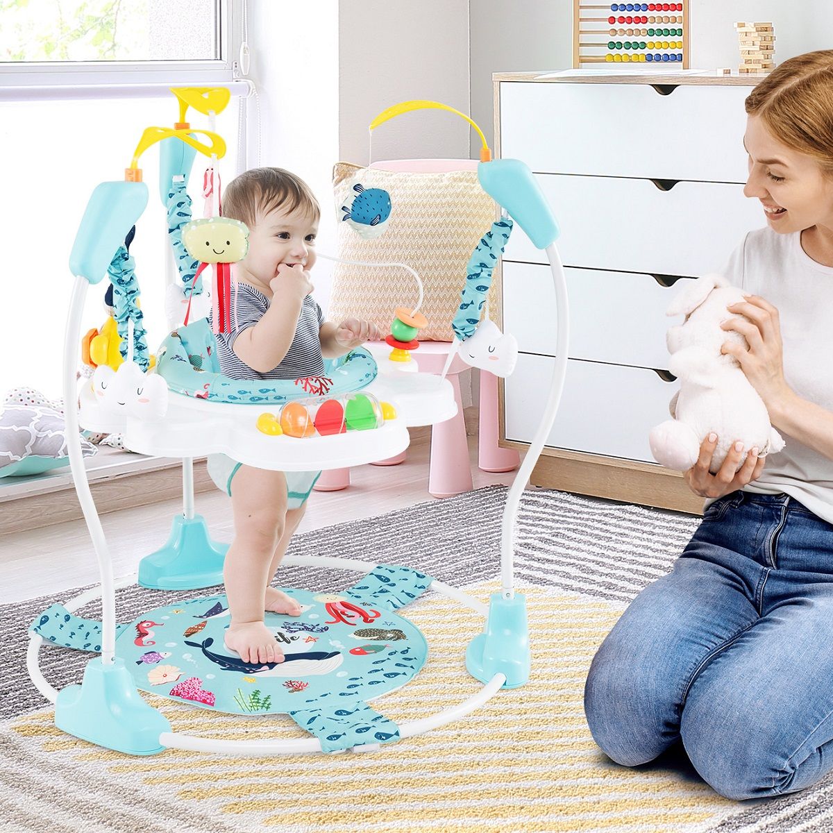 Coast Baby Sky Jumperoo - Light Blue/White - 87x87x94 cm - 3 hauteurs, siège pivotant à 360° et centre de jeu interactif