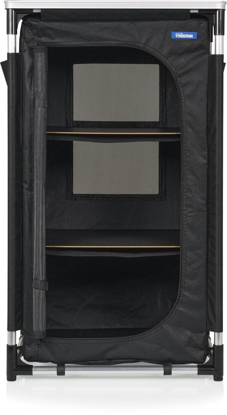 Armoire de camping pliable Tristar – Structure en aluminium – 3 étagères – Pieds réglables – Poches latérales – Sac de transport inclus – Noir - CU-0809