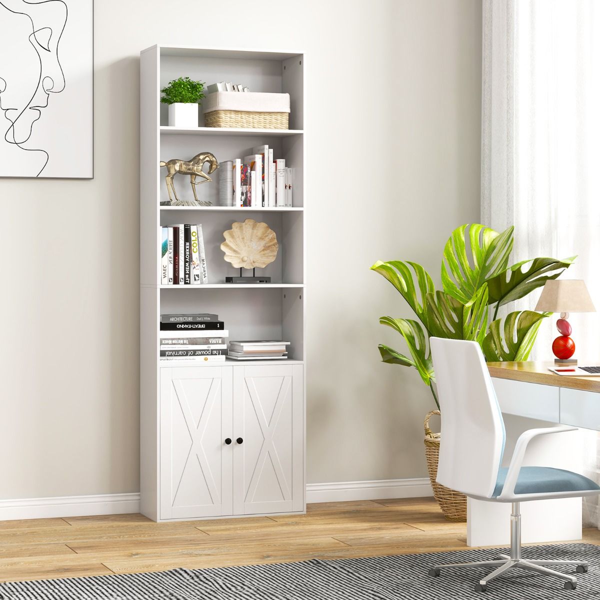 Bibliothèque autoportante Coast - 6 étagères - 2 portes - 60 x 24 x 180 cm - blanc