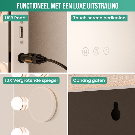 Avalo - Miroir de maquillage avec éclairage - 56x44 CM - Miroir Hollywoodien - Miroir avec éclairage - Miroir de maquillage - 3 modes d'éclairage graduables - grossissement 10x - chargeur USB intégré