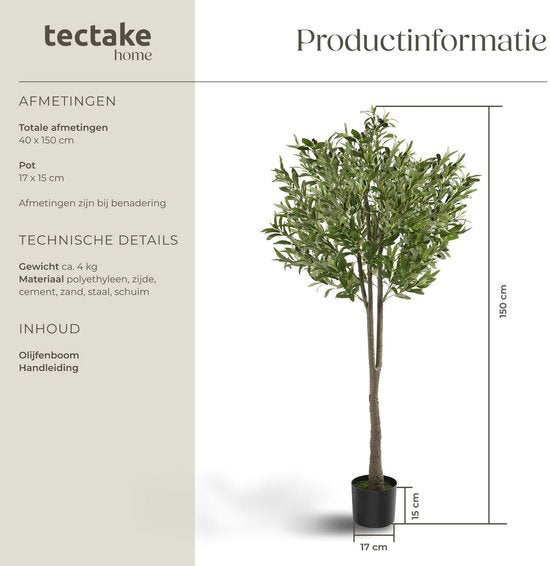 tectake® Olivier artificiel Oleand - Plante artificielle méditerranéenne avec feuilles et olives réalistes - Peu d'entretien et polyvalent - Pot de fleurs robuste inclus - Hauteur : 150 cm