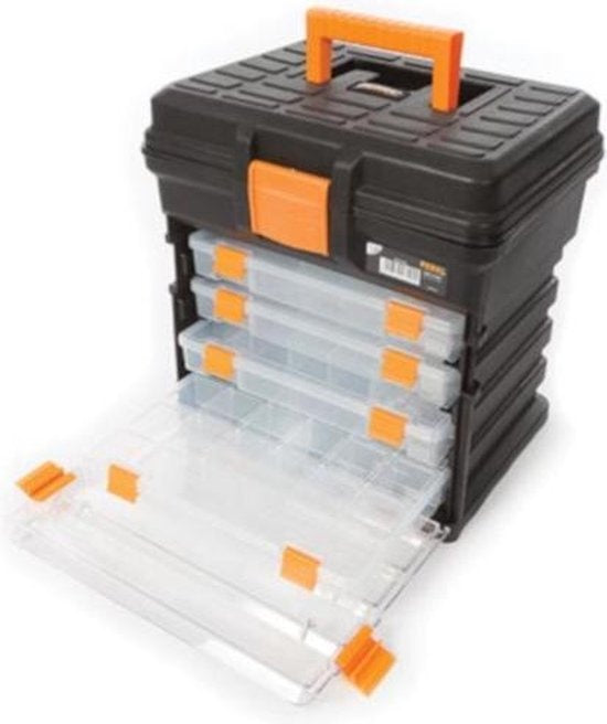Perel Mallette de rangement polyvalente, polypropylène, 5 pièces, portable, avec 4 boîtes de tri amovibles, noir/jaune, 340 x 272 x 341 mm