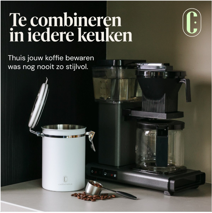 Boîte de conservation pour café Castagnola – 1,8 litre / 600 g – Boîte hermétique pour café avec évacuation de CO₂ et suivi de la date – Acier inoxydable – Blanc cassé