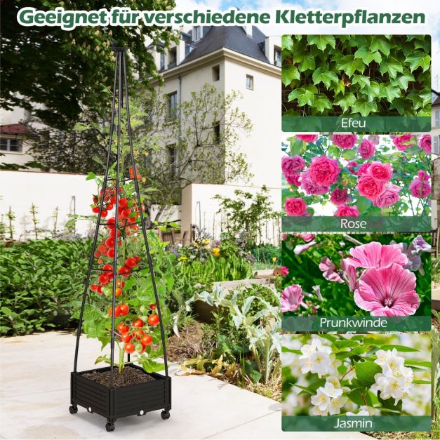 Tuteur Coast avec jardinière, noir – Obélisque de jardin mobile avec treillis et roulettes – 41 x 41 x 206 cm