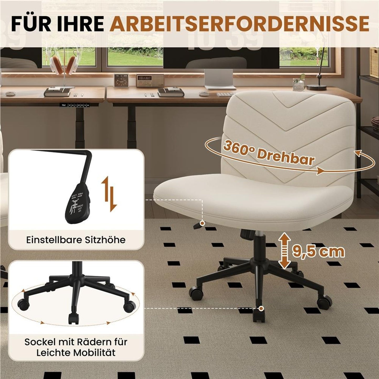 Chaise de bureau Yaheetech à large assise - Chaise pivotante ergonomique avec dossier - Réglable en hauteur - 66 x 64,5 x 82-91,5 cm - Beige