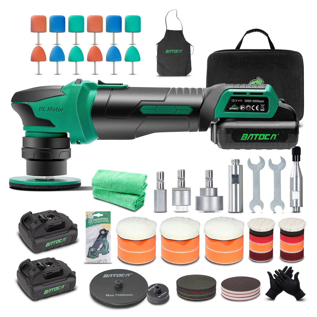 Mini-polisseuse sans fil Batoca S4 - Bleue - Rotative et excentrique - 2 000-5 500 tr/min - 2 batteries 12 V 2,5 Ah - Disques d'appui 25 et 75 mm