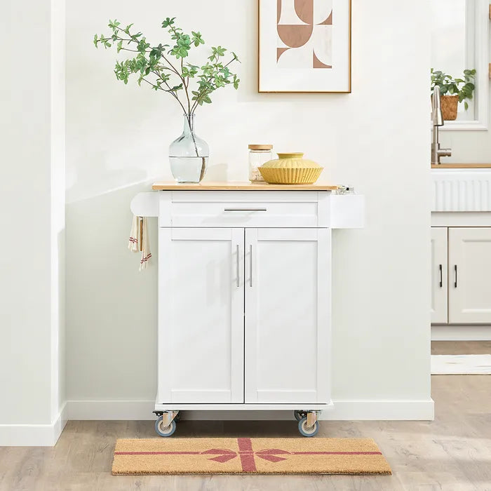 Chariot de cuisine blanc/bambou - 83 x 46 x 91 cm - Avec tiroir et roulettes
