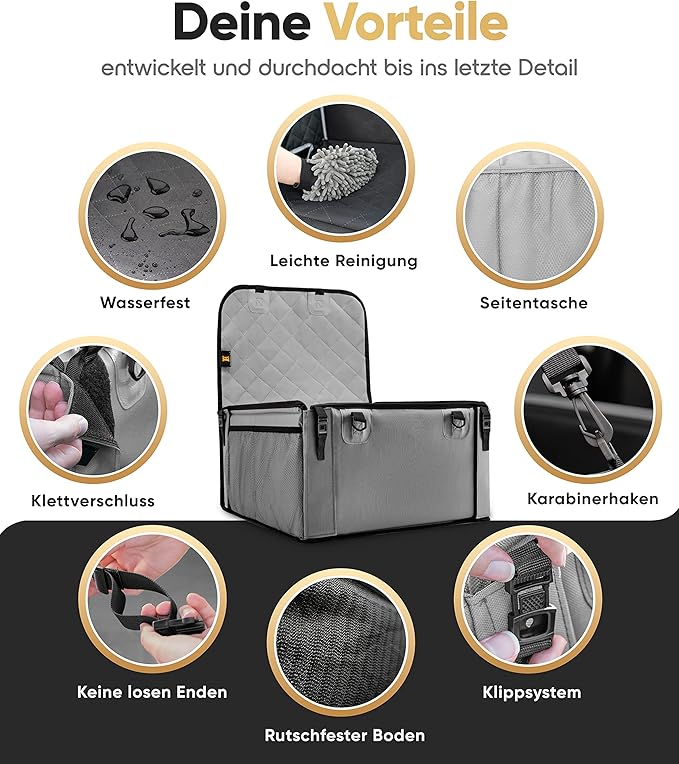 HELDENWERK Siège auto pour chien, très robuste, parois renforcées, 5 sangles, siège auto pour chien étanche pour siège arrière et avant, gris, taille standard