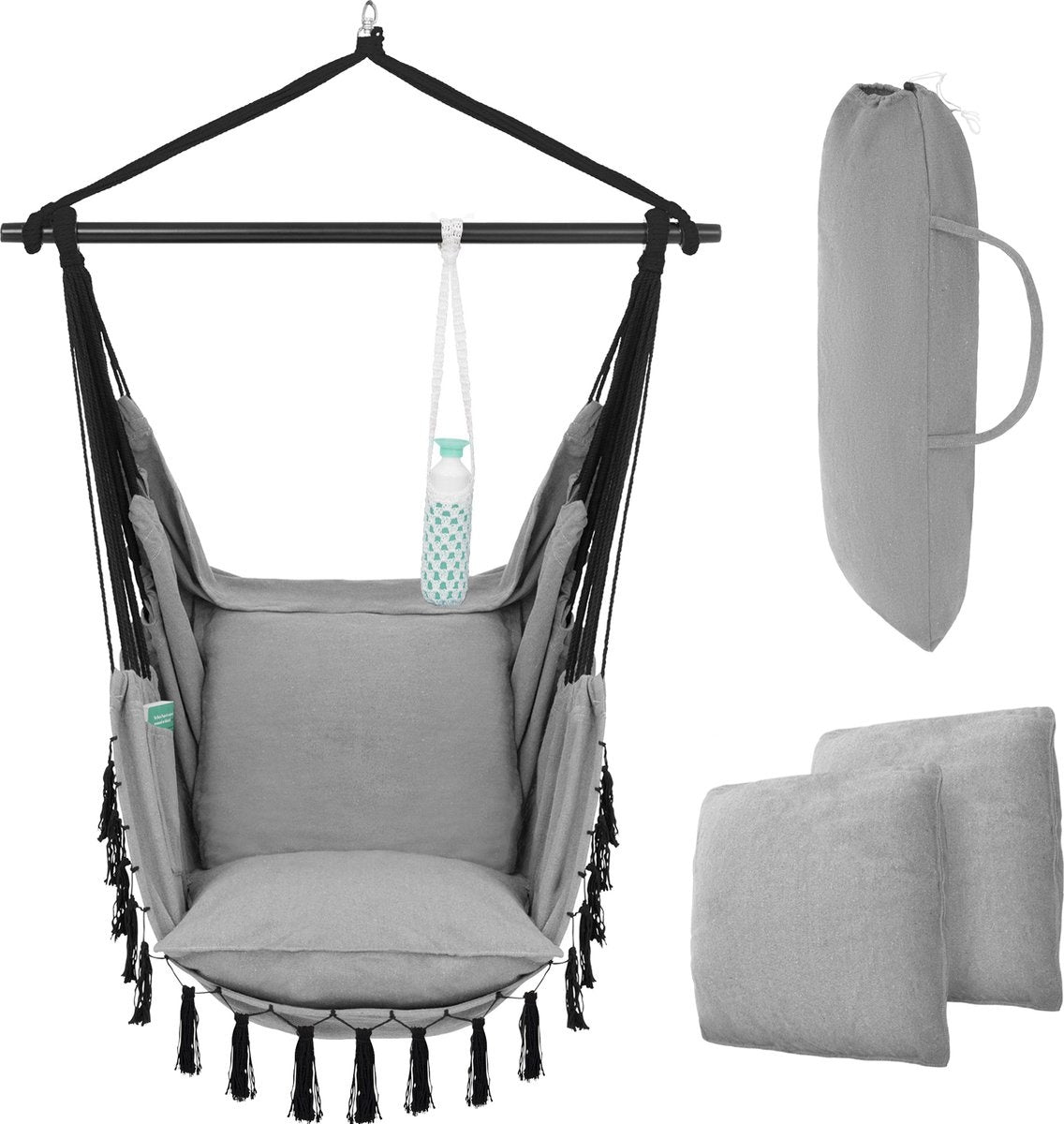 Siège suspendu Vita5 - Hamac Chaise - chaise suspendu - avec 2 coussins - porte-boissons - compartiment pour livres - adultes - enfants - charge maximale 150kg - gris