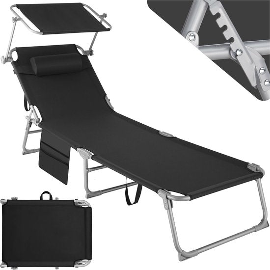 Chaise longue Tectake avec poche latérale et coussin de tête amovible - réglable - pliable - 68 x 190 x 28 cm - noir