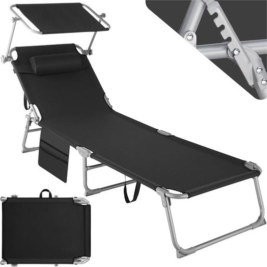 Chaise longue Tectake avec poche latérale et coussin de tête amovible - réglable - pliable - 68 x 190 x 28 cm - noir