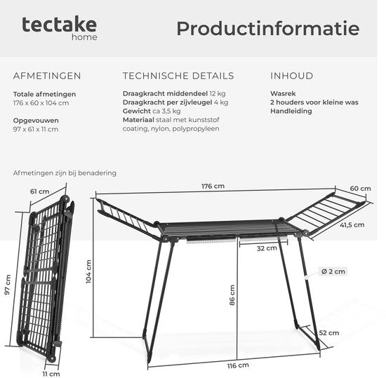 tectake® Séchoir à linge - Séchoir à linge - Longueur de séchage : 18 mètres - Pliable - Sur pied - Séchoirs à linge avec 2 supports pour le petit linge - Ailes latérales hautes pour les vêtements longs - Noir