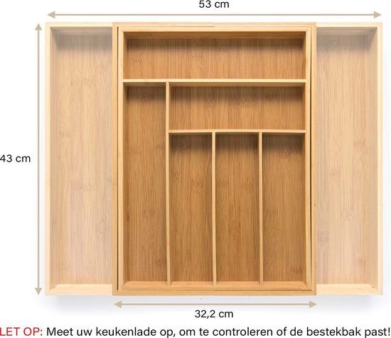 Budu Range-couverts extensible en bambou #43 (43 cm de profondeur) - Cassette à couverts en bois - Tiroir à couverts - 43 x 32.2 - 53 cm - 6/8 compartiments