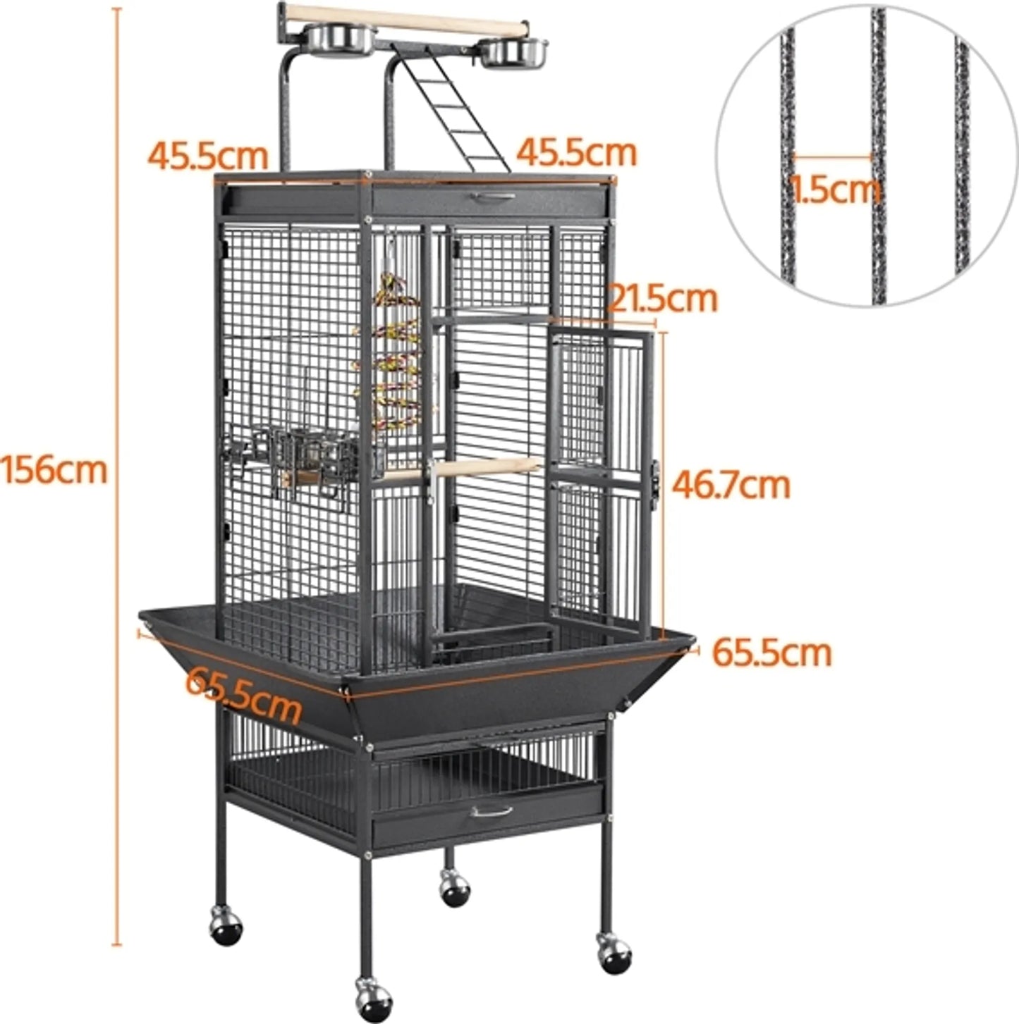 Yaheetech Cage pour perroquets avec plateau de jeu - équipée d'un collecteur de graines, de tiroirs à fumier extensibles et de portes d'alimentation - pour perruches et perroquets - Fer noir poudré - 65,5 x 65,5 x 156 cm