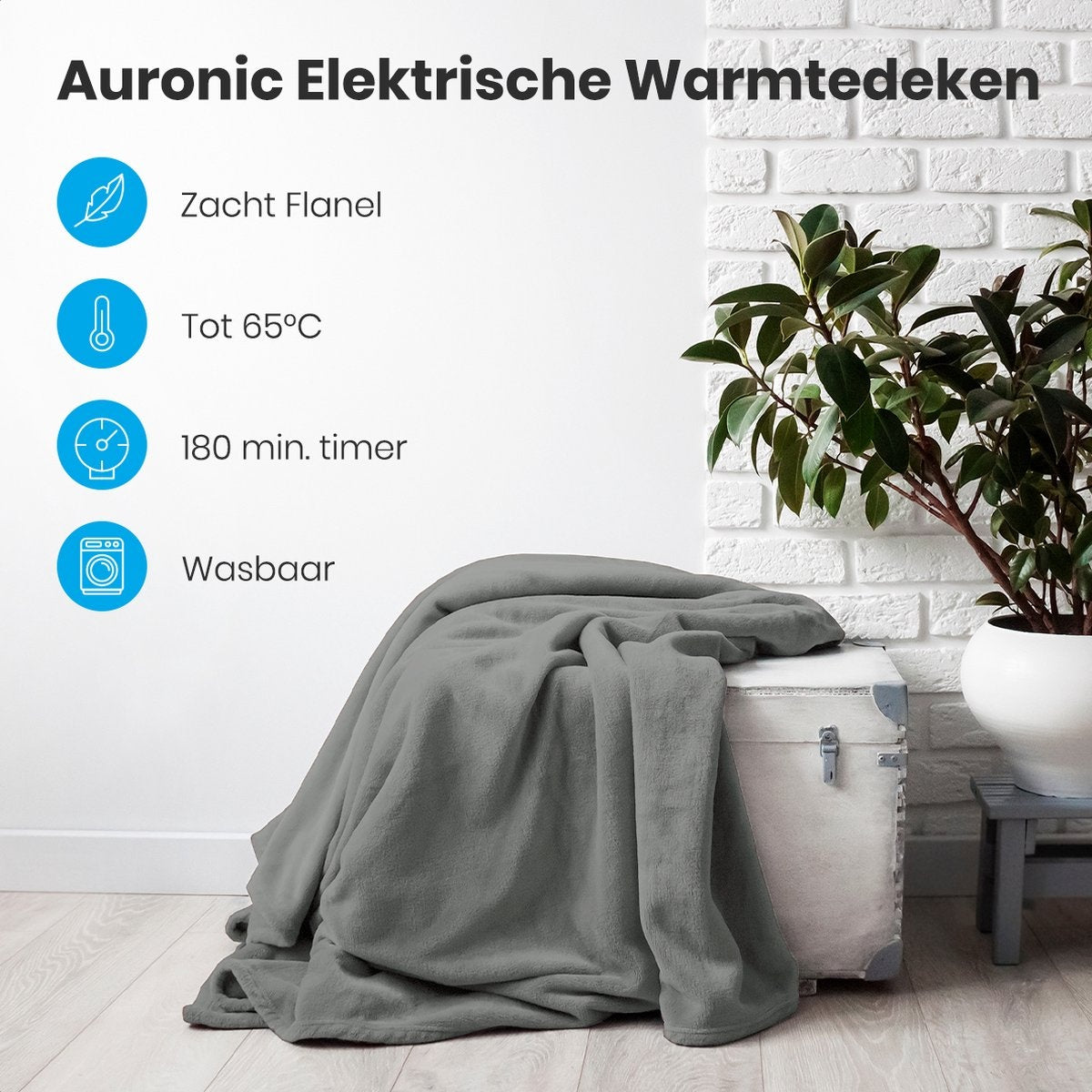 Couverture chauffante - Auronic - 2 personnes - 3 niveaux - Avec minuterie - 200 x 180 cm - Gris