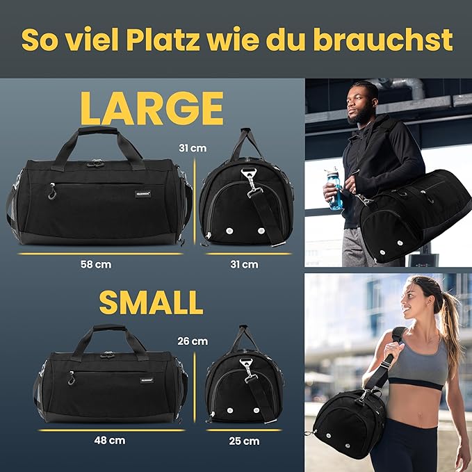 Herowerk Sac de sport avec compartiment à chaussures et compartiment humide, sac d'entraînement pour femmes et hommes, idéal comme sac de voyage, sac de fitness, sac d'entraînement ou sac de sport, noir, Sac de sport avec bandoulière