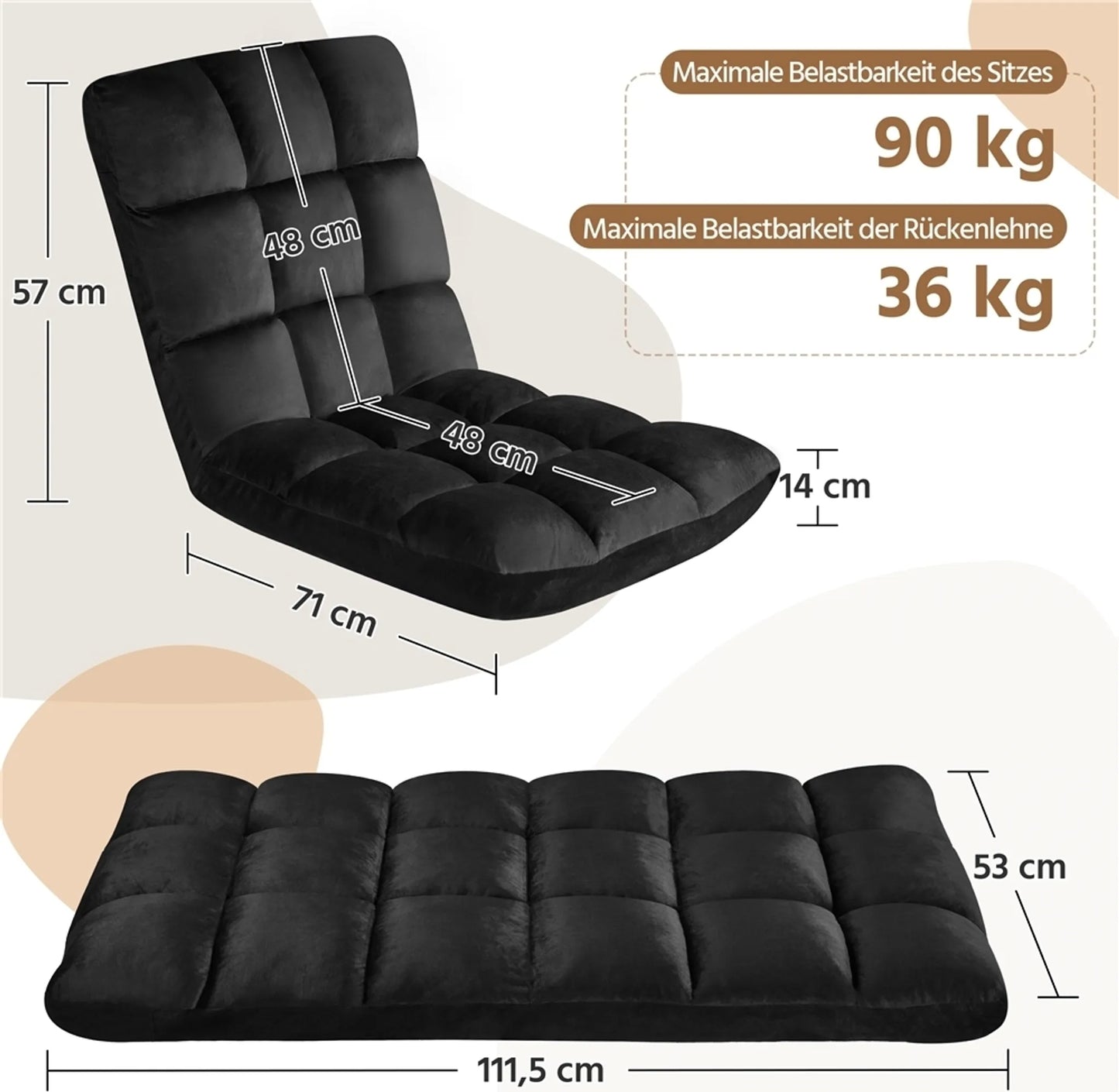 Yaheetech Floor Chair Includes 14 Adjustable Stands - Features High Density Foam And Sturdy Metal Frame And Soft Plush Fabric - For Living Room And Playroom - Black Polyester - 111.5 x 53 x 14 cm
