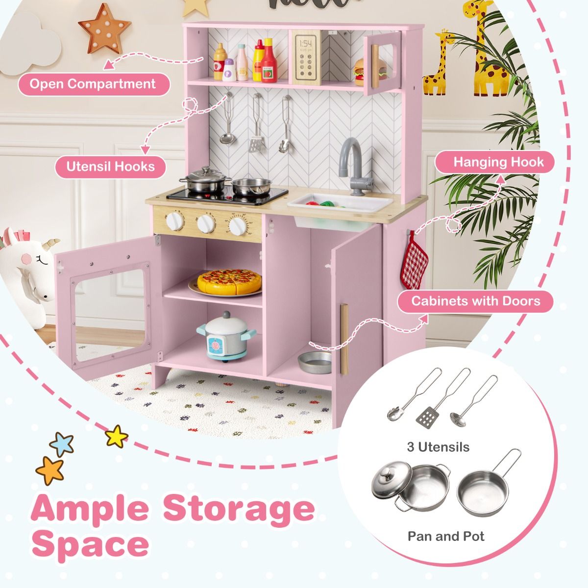 Cuisine jouet en bois Coast pour enfants - lumières et sons - micro-ondes et four - rose