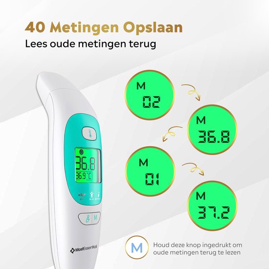 MostEssential Premium Thermomètre de fièvre - Thermomètre auriculaire - Thermomètre infrarouge - Thermomètre frontal - Thermomètre corporel - Thermomètre de fièvre pour adultes, enfants et bébés - Sans contact - 20M