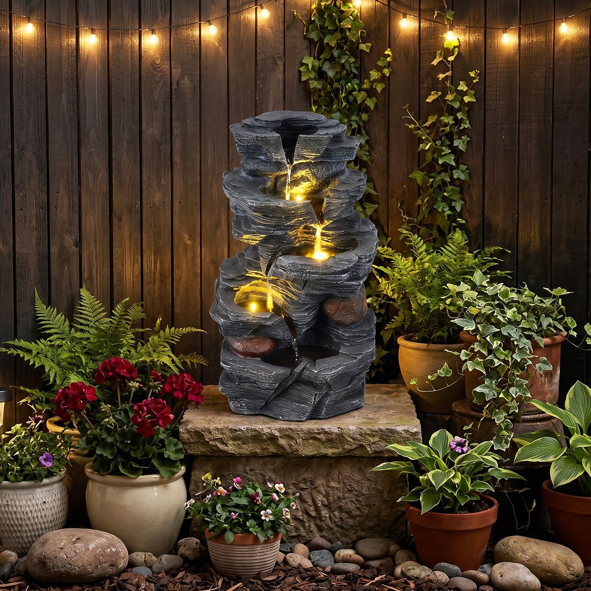 Fontaine de table Coast - cascade à 5 niveaux - éclairage LED - noir - 27 x 20,5 x 45,5 cm