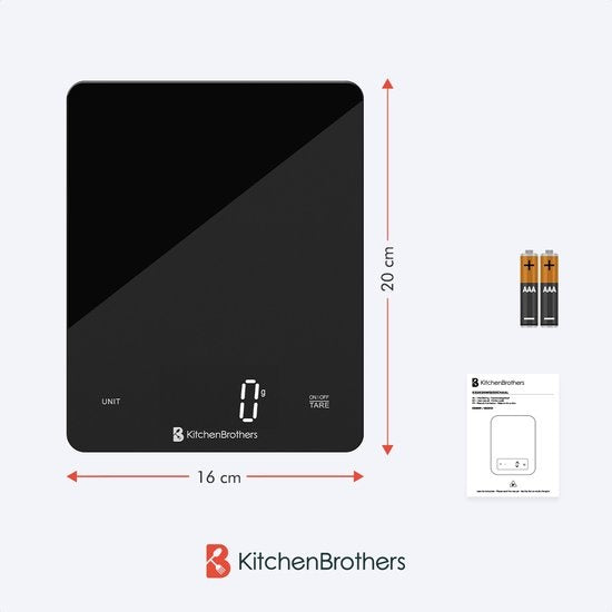KitchenBrothers Kitchen scale - Balance de cuisine - Numérique - 1g à 10kg - Piles incluses - Verre/Noir