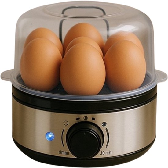 Cuiseur à œufs électrique Alpina 400 W – Cuiseur à œufs avec minuterie pour 7 œufs – Cuiseur à œufs avec gobelet doseur et pic – En acier inoxydable avec support à œufs amovible – Couvercle transparent