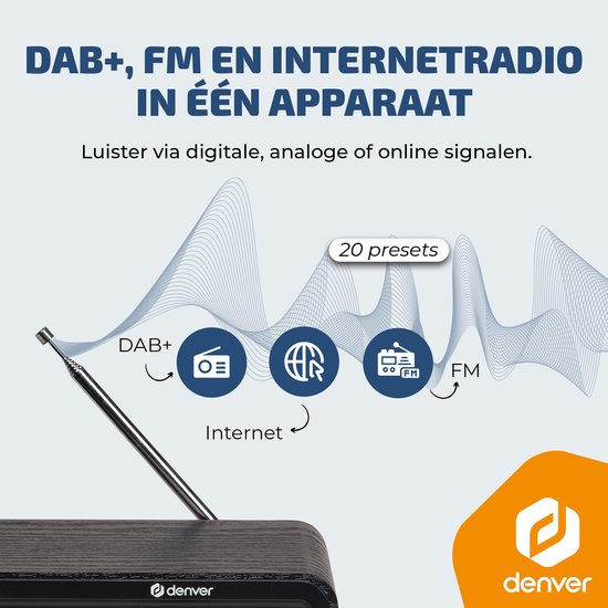 Denver DAB Internet radio - DAB - FM - Radio Internet - Radio d'urgence - Bluetooth - Fonction d'alarme - DIR200