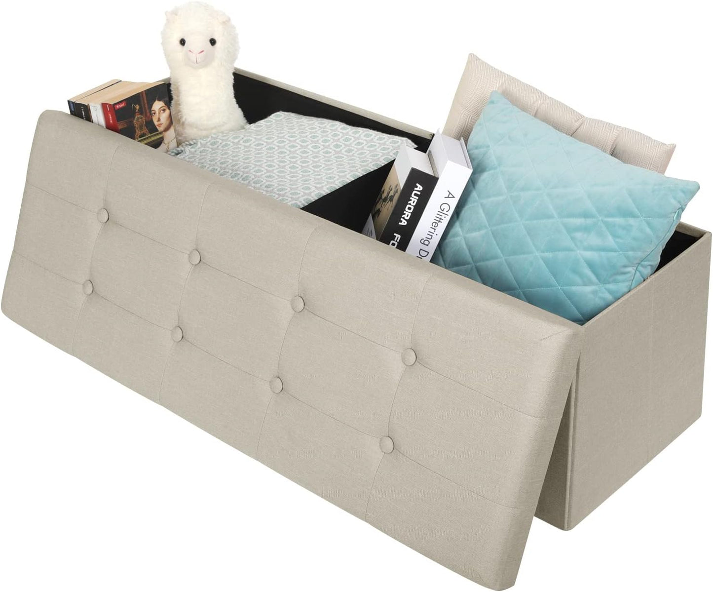 Banc de rangement pliable Woltu avec espace de rangement - 118 litres - 110 x 37,5 x 38 cm - Lin blanc crème - Capacité de charge maximale : 300 kg