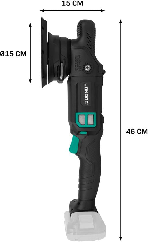 VONROC PRO Polisseuse 20V - Ø 150mm - Moteur sans balais - Démarrage progressif - Tampon d'appui inclus - Batterie et chargeur rapide inclus
