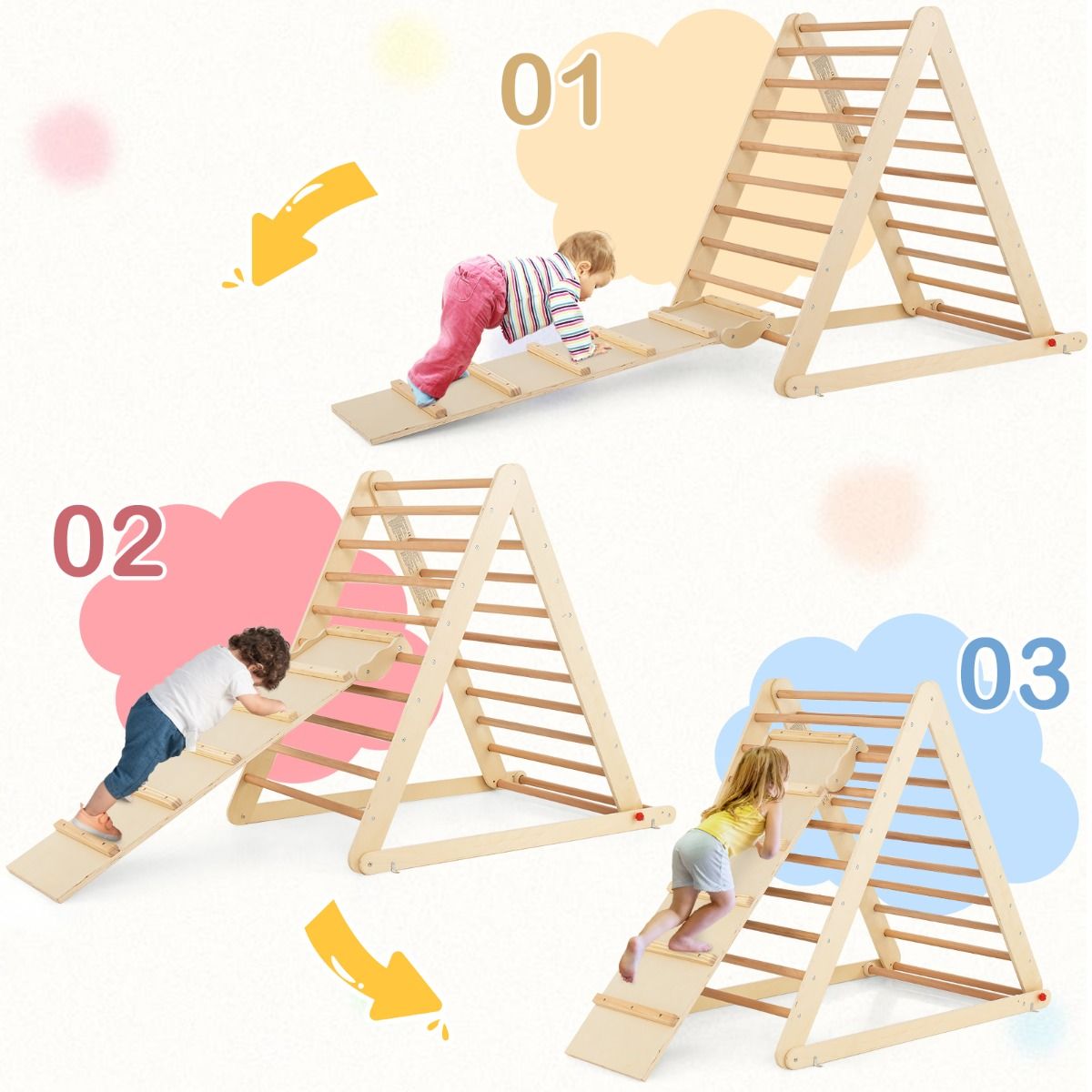 triangle d'escalade en bois coast pour enfants - bois naturel - 120 x 71 x 110 cm - garçons et filles 3+