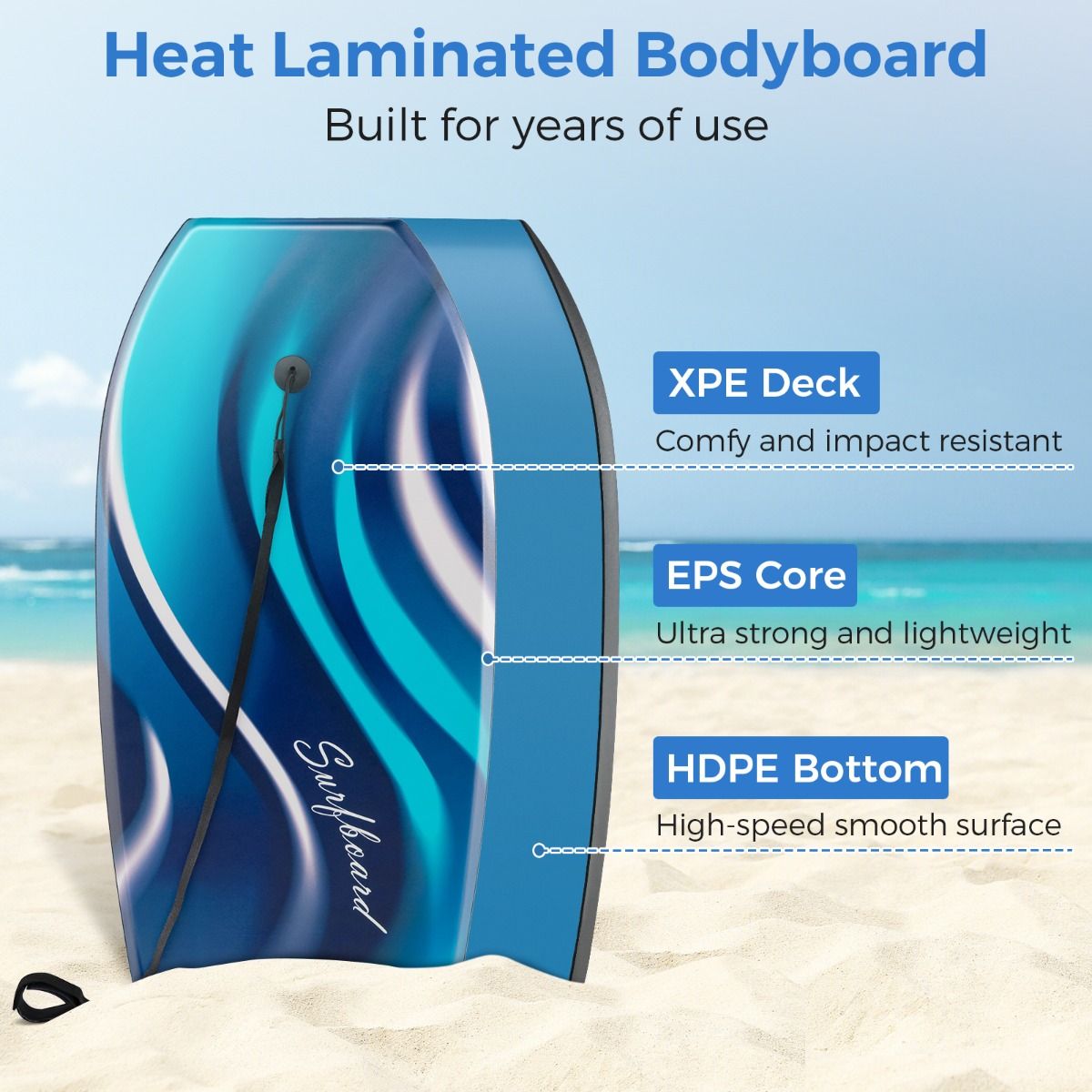 Coast Lightweight Bodyboard 104x52 cm - Bleu - Boogieboard avec noyau EPS et fond HDPE pour adolescents et adultes